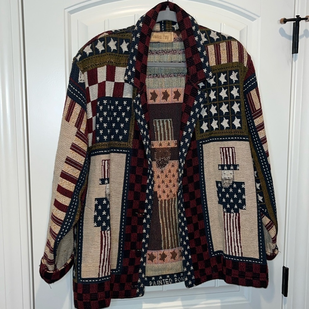Painted Pony patriotic novelty USA Americana open tapestry jacket blazer XL